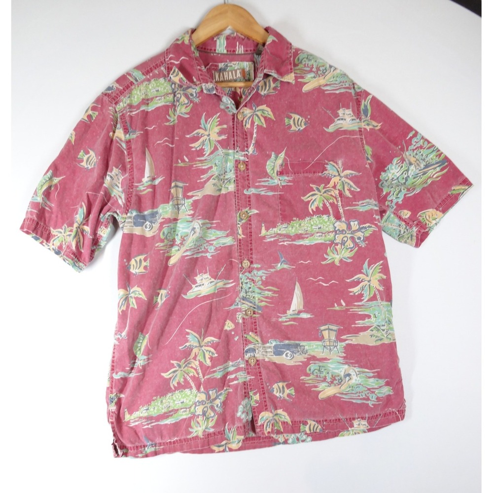 VTG Kahala Hawaiian Shirt M Red Tropical Scenic Cotton Button Down Short Sleeve